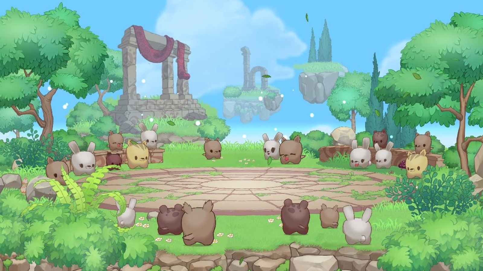 The meadow arena — a stone circle surrounded by cheering chibi animals, ruins and floating islands